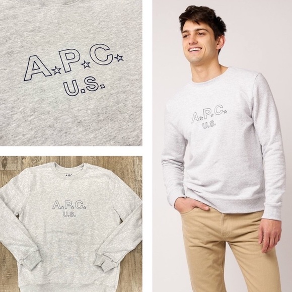 APC U.S. Logo & Stars on Long Sleeve Gray Retro Fit Pullover Sweatshirt MED NWOT - Picture 2 of 15
